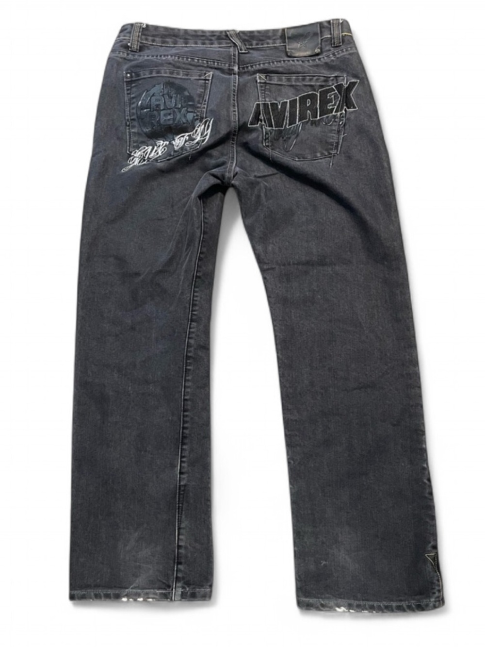 Avirex size 38 black grey Y2K denim jeans embroidered logo unique pocket design